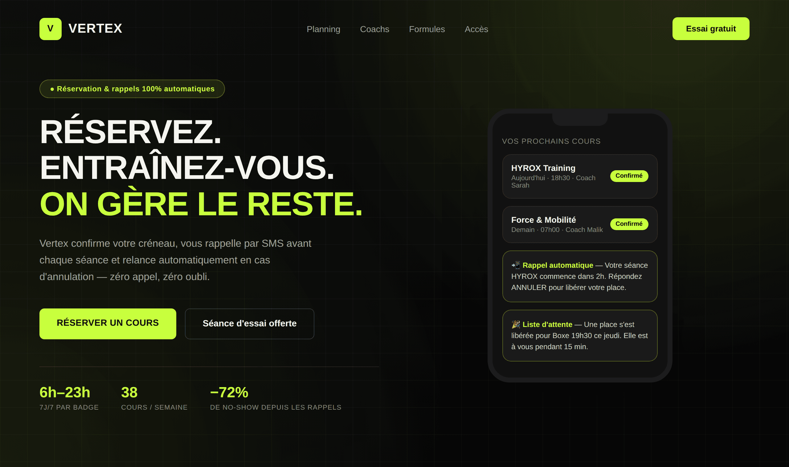 Aperçu du site Vertex — salle de sport avec réservation automatisée