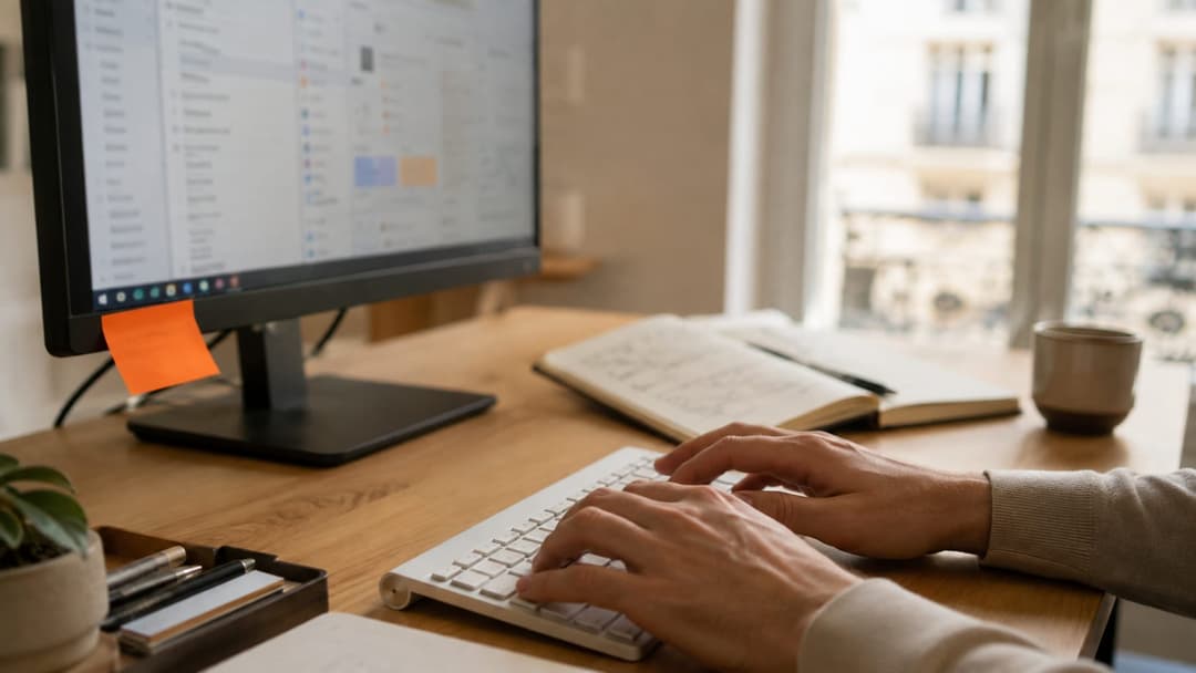 Mains posées sur un clavier devant un grand écran affichant l'interface d'un logiciel métier ; carnet ouvert, tasse et post-it orange sur le bureau.