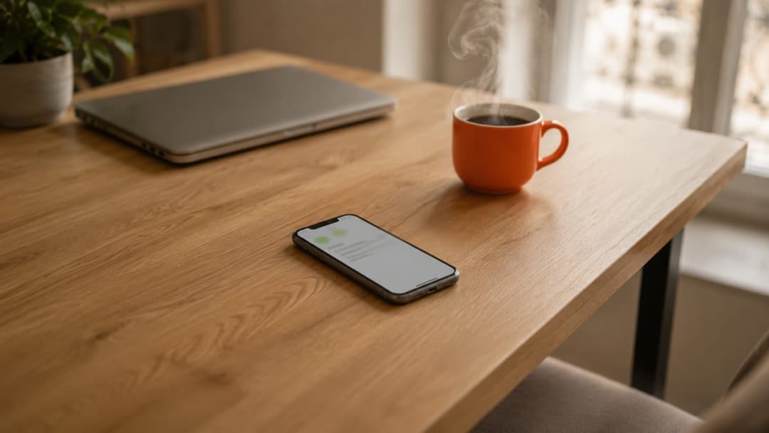 Bureau en bois vide : un téléphone posé à plat affiche une notification, à côté d'une tasse de café fumante et d'un ordinateur portable fermé.